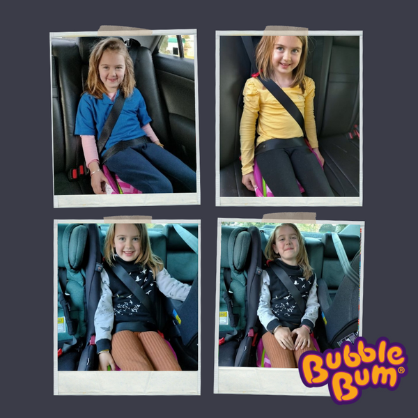 Carseat Technician, Sandy loves the way Bubble Bum makes 3-along-the-backseat possible
