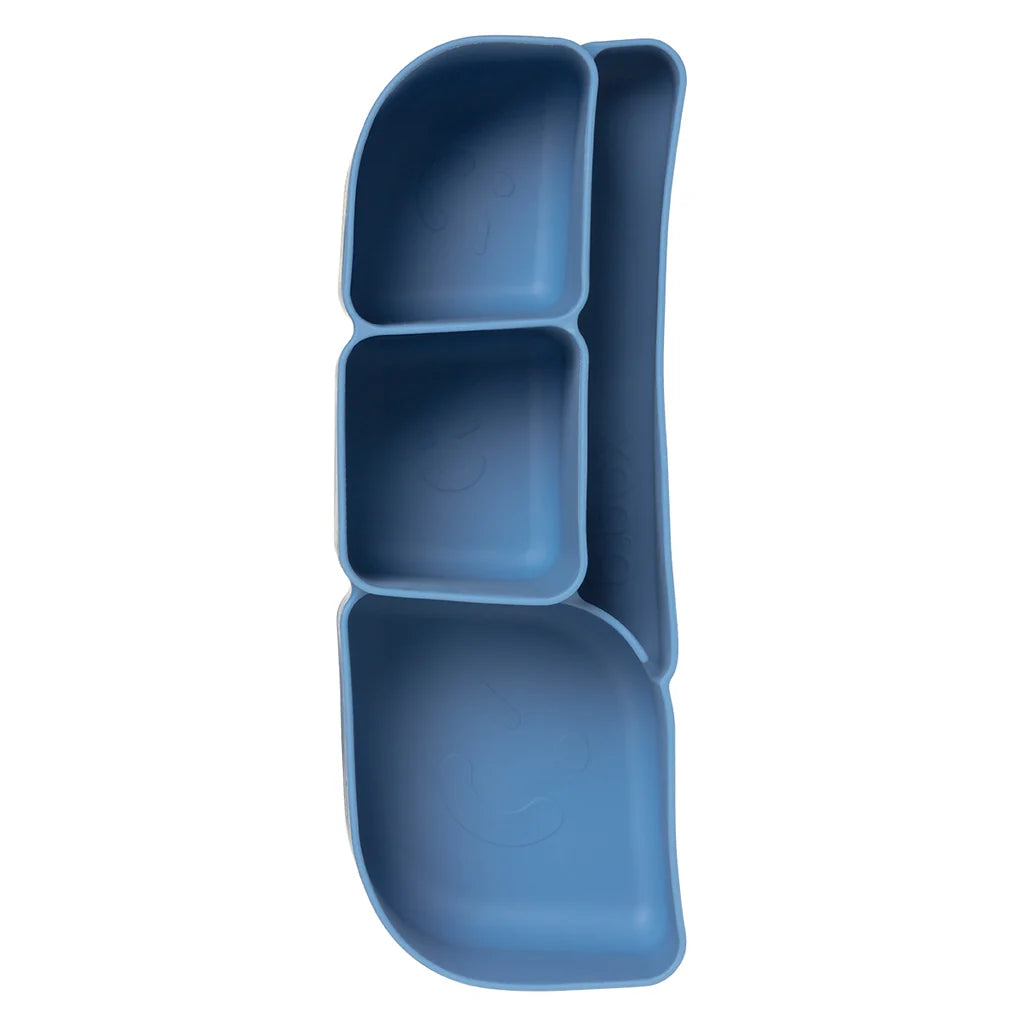 A three-compartment divided plateb.box ocean blue silicone bento tray ,shown from a top-down view on a solid white background.