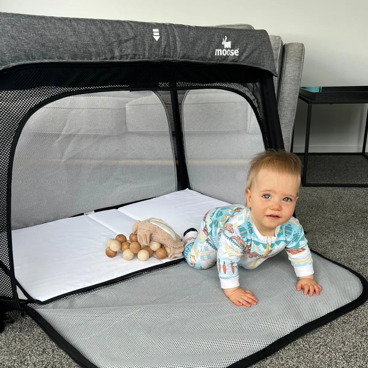 Moose Emmett Travel Cot (with Bassinet Level  & 2 FREE Mattress Protectors)