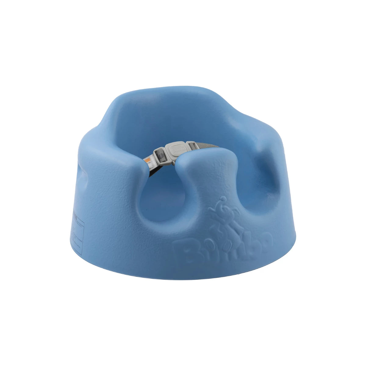 Powder blue floor seat with a safety harness as, shown on a plain white background