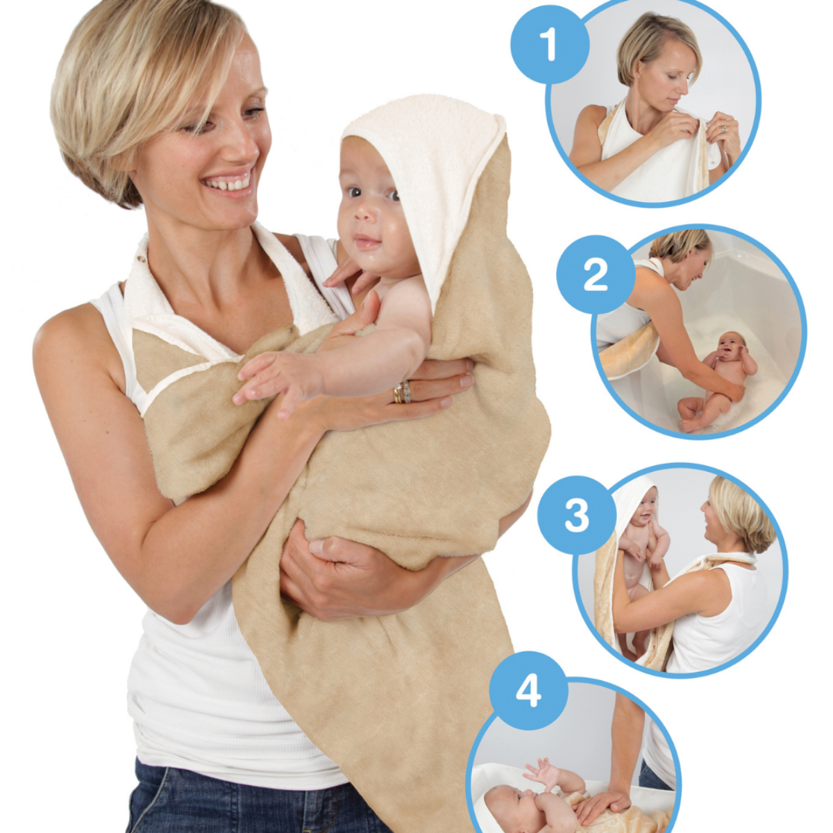 A woman holds a baby wrapped in Cuddle dry towel oatmeal color. The right side shows four circular inset photos labeled 1 through 4 demonstrating bath or shower care steps.