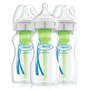 Three Dr. Brown's baby bottles with green and blue design on a white background
