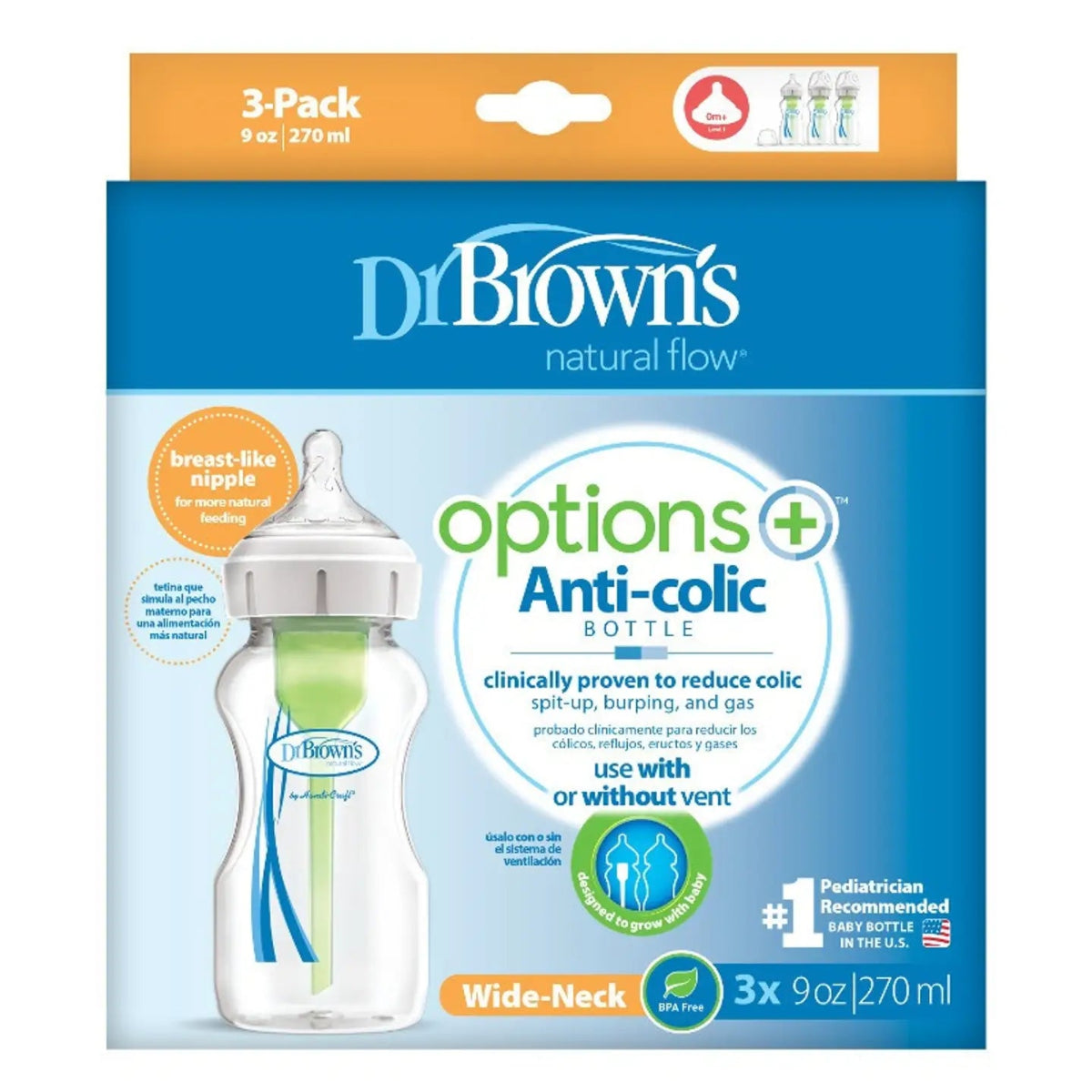 Dr. Brown's Options+ Anti-Colic Bottle 3-pack of 9 oz bottles in retail packaging, featuring a clear wide-neck bottle with a green and blue breast-like nipple on a blue and orange background.