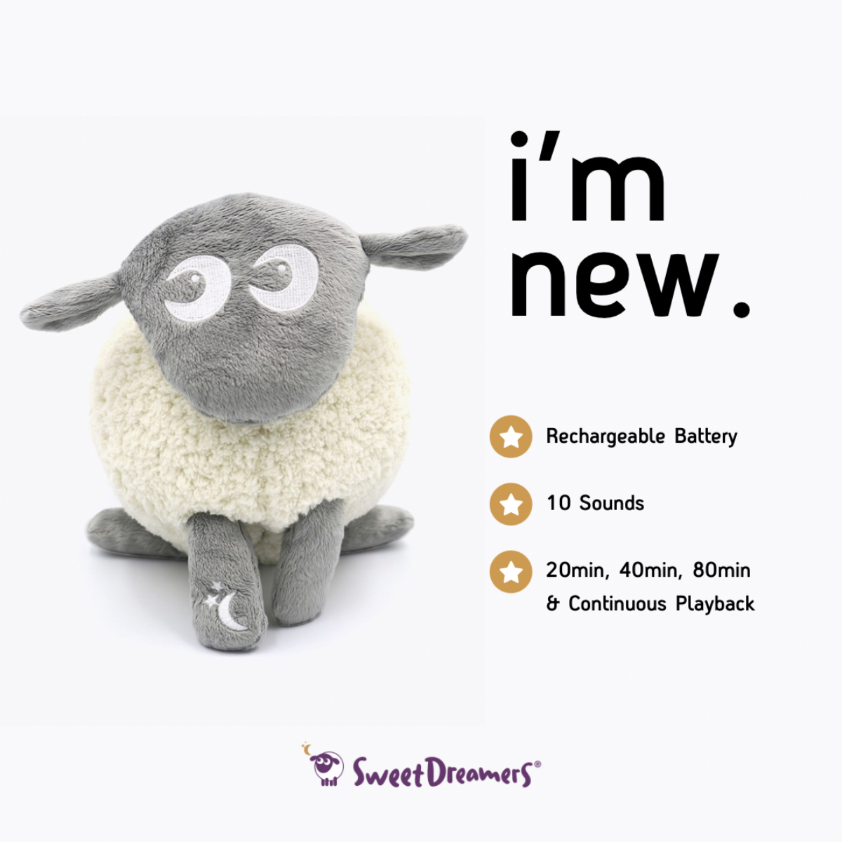 DELUXE Ewan the Dream Sheep with promotional text reading 'i'm new.' and feature callouts including rechargeable battery, 10 sounds, and 20min to 80min continuous playback.