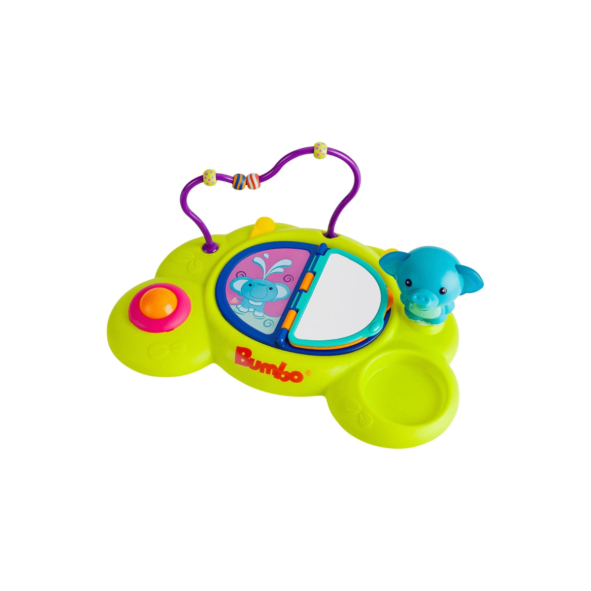 Angled view of the Bumbo Playtop Safari baby activity tray with a bead maze, blue elephant and snack holder.