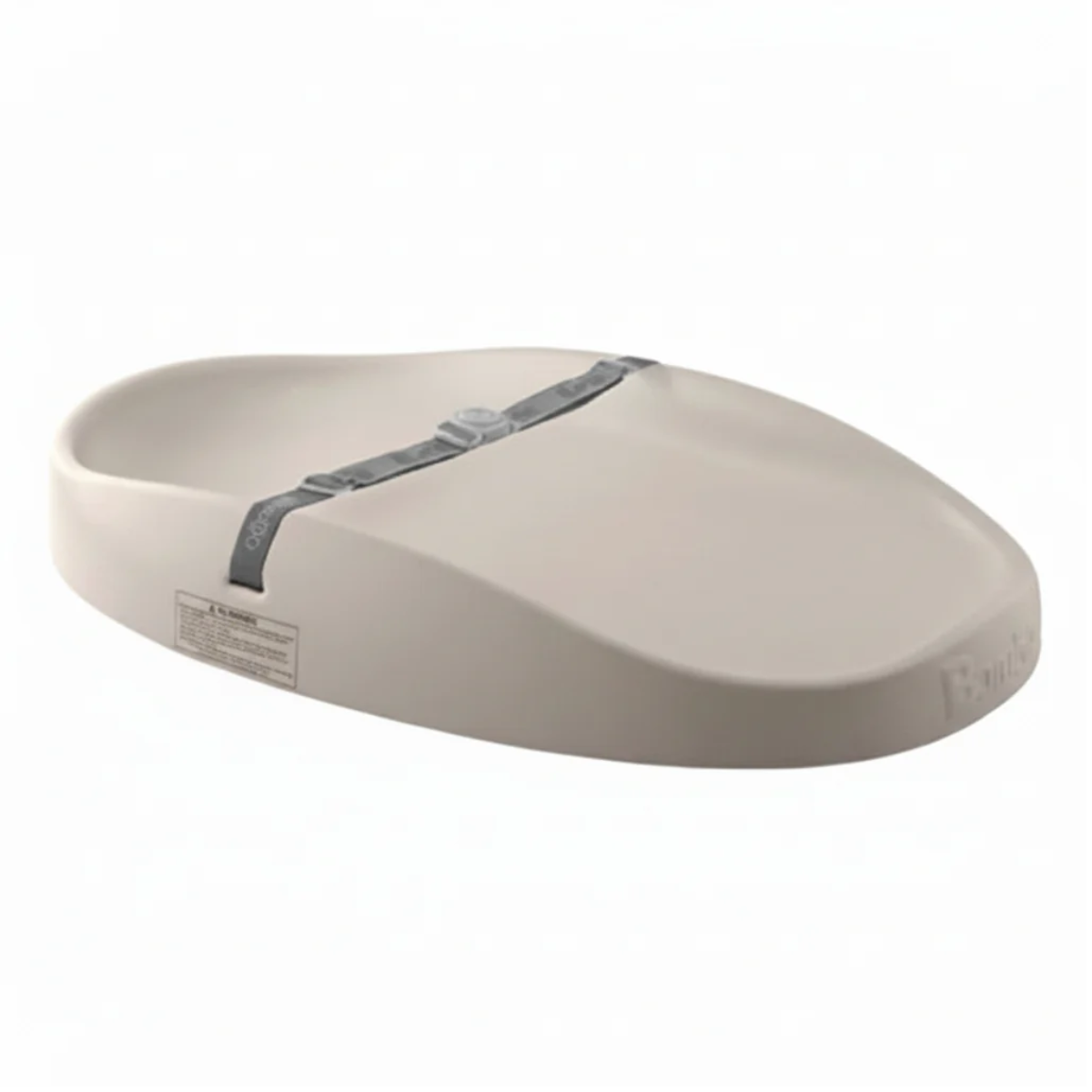 Taupe Changing pad with a gray safety harness strap, shown on a plain white background.