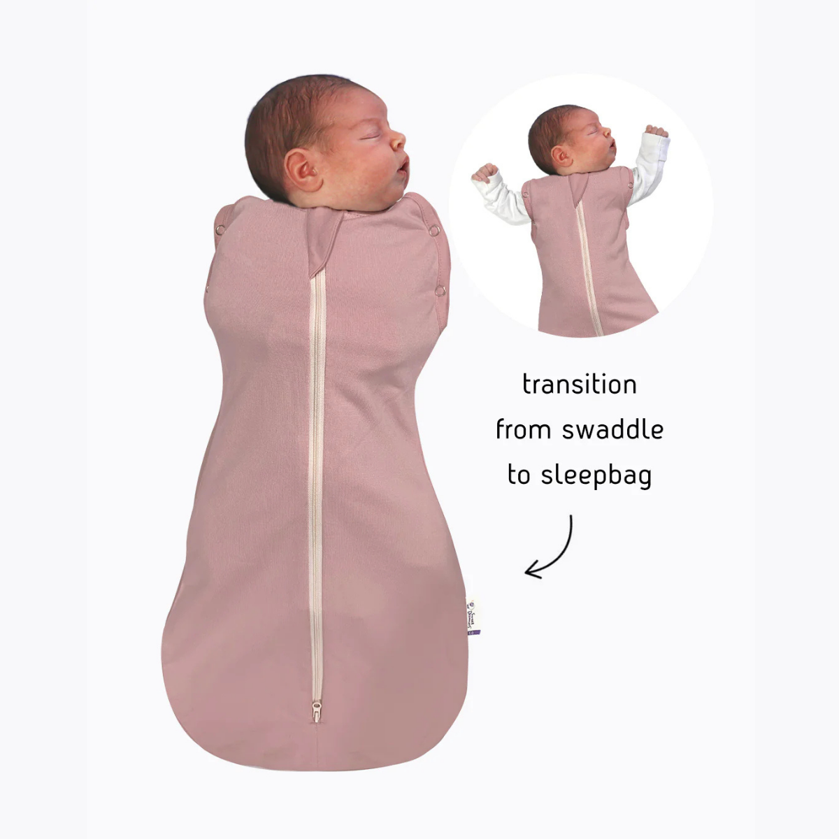 A baby sleep bag in dusty pink Sweet Dreamers Sleep & Swaddle Transition Bag, shown with a sleeping newborn swaddled inside. An inset shows the baby wearing the sleep bag, and text reads 'transition from swaddle to sleepbag'.