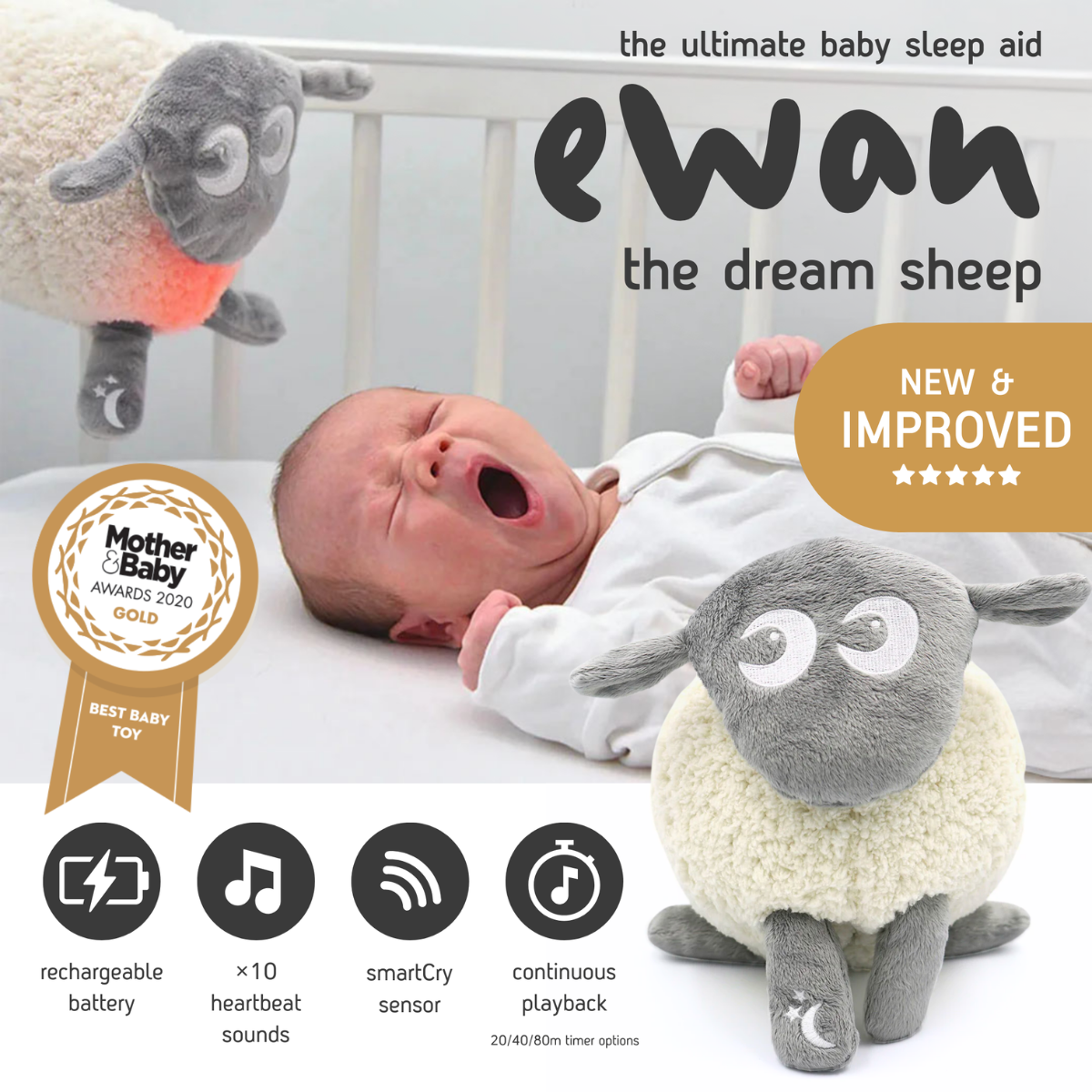A baby sleep aid Deluxe Ewan the Dream Sheep product advertisement showing a sleeping baby in a crib. The ad includes text reading 'ewan the dream sheep,' 'the ultimate baby sleep aid,' 'NEW & IMPROVED,' and feature icons for rechargeable battery, heartbeat sounds, smartCry sensor, and continuous playback.