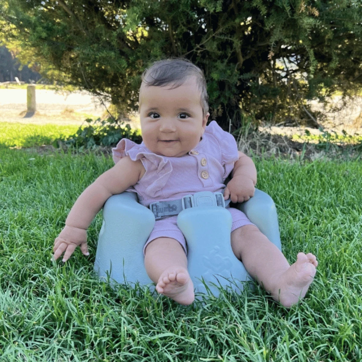 Bumbo Floor Seat Max in Saltbush with wider leg openings and 3-point harness