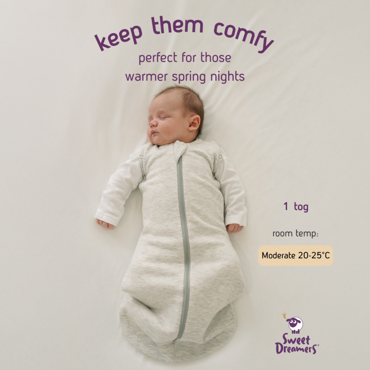 A sleeping newborn baby is swaddled in a light heather gray long-sleeve sleep sack with a vertical zipper, lying on a white blanket. Purple text at the top reads 'keep them comfy' and 'perfect for those warmer spring nights,' with additional sizing/temperature notes on the right and the 'The Sweet Dreamers' logo at the bottom right.