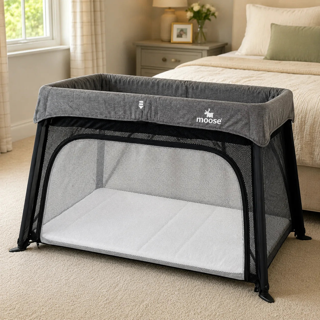 Moose Emmett Travel Cot (with Bassinet Level  & 2 FREE Mattress Protectors)