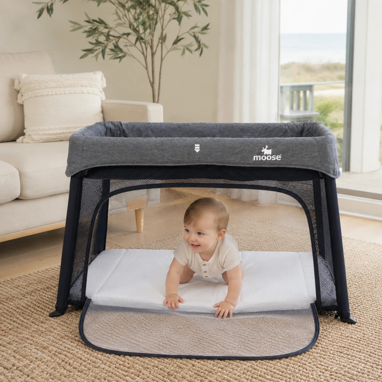 Moose Emmett Travel Cot (with Bassinet Level  & 2 FREE Mattress Protectors)