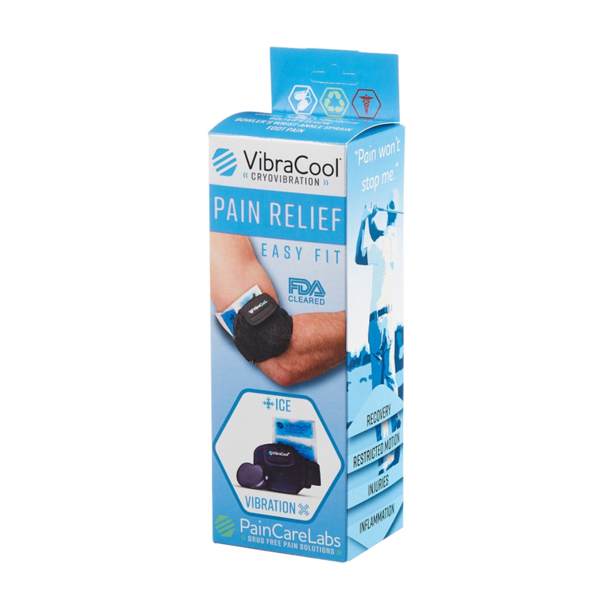 VibraCool Easy Fit Cryovibration Pain Relief Easy Fit wrist wrap packaging, featuring a blue and white box with a photo of a person wearing the black wrist wrap.