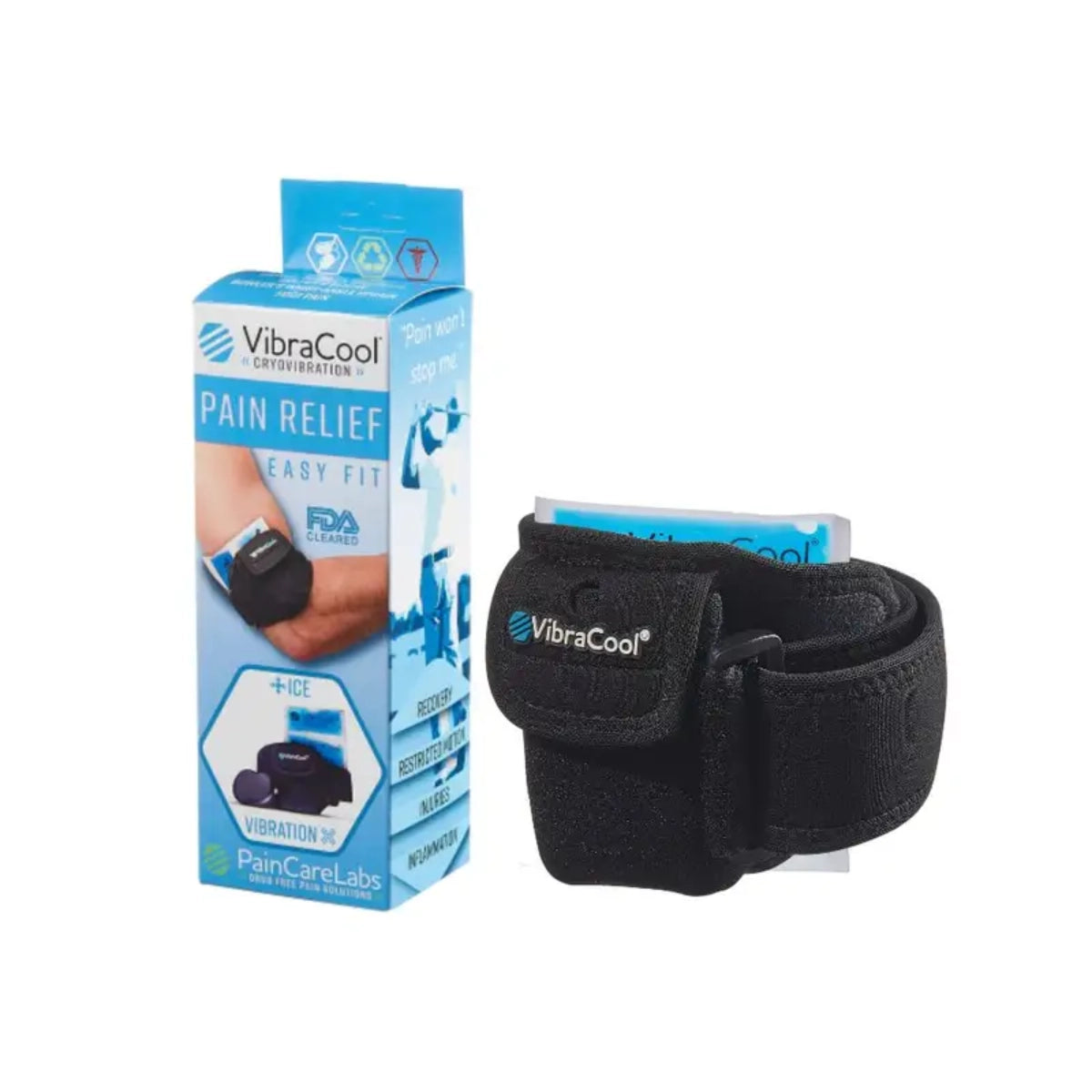 VibraCool Pain Relief Easy Fit wrist wrap shown next to its blue retail packaging box on a white background.