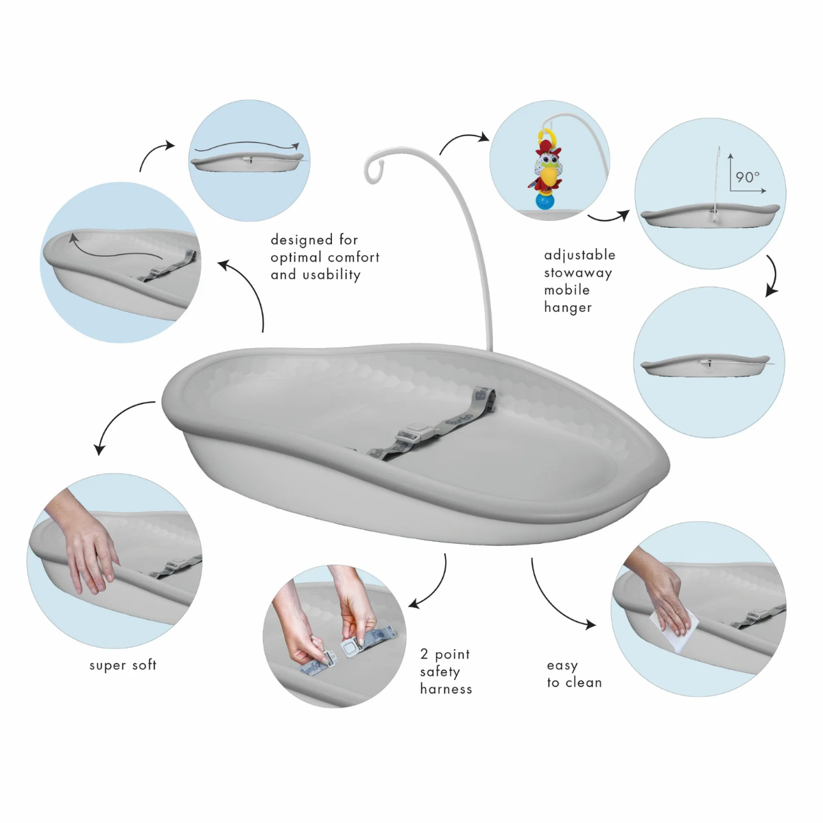 Baby changing pad Max with features highlighted on a white background