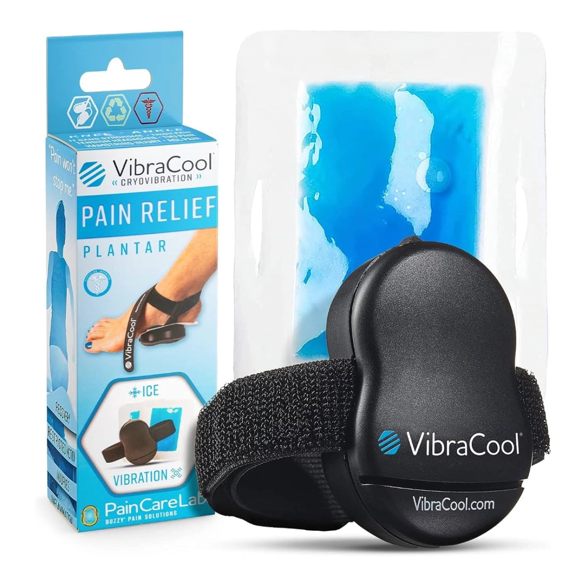 VibraCool Pain Relief Cryovibration plantar wrist/ankle cooling device shown with its retail box and a blue gel pack on a white background.