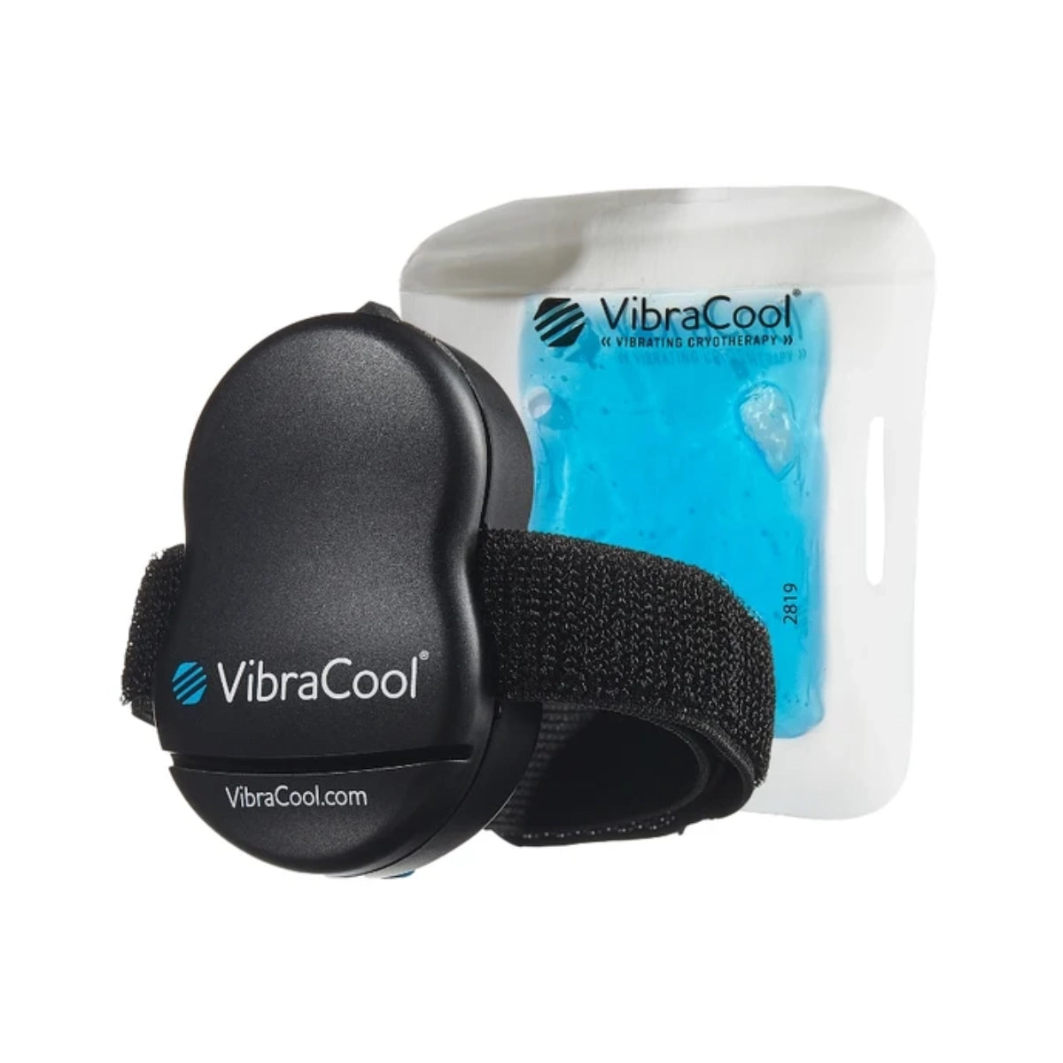 VibraCool Plantar cooling pad shown with its clear plastic storage pouch containing blue gel, on a plain white background.