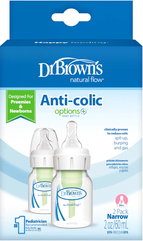 Dr Brown's Options+ Anti Colic Narrow Neck Bottle with Level 1 Teat 60ml 2 Pack