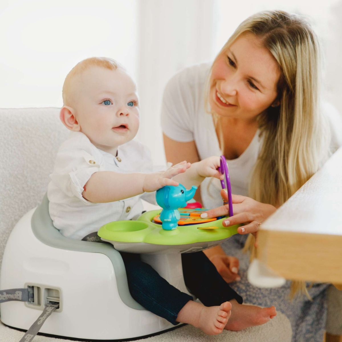 Safari themed baby play tray with Bumbo Floor Seat compatibility