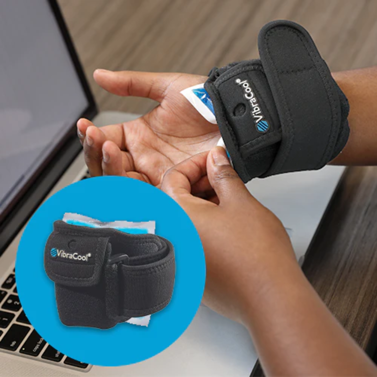 Person wearing a VibraCool Easyfit wristband with a close-up inset of the product.