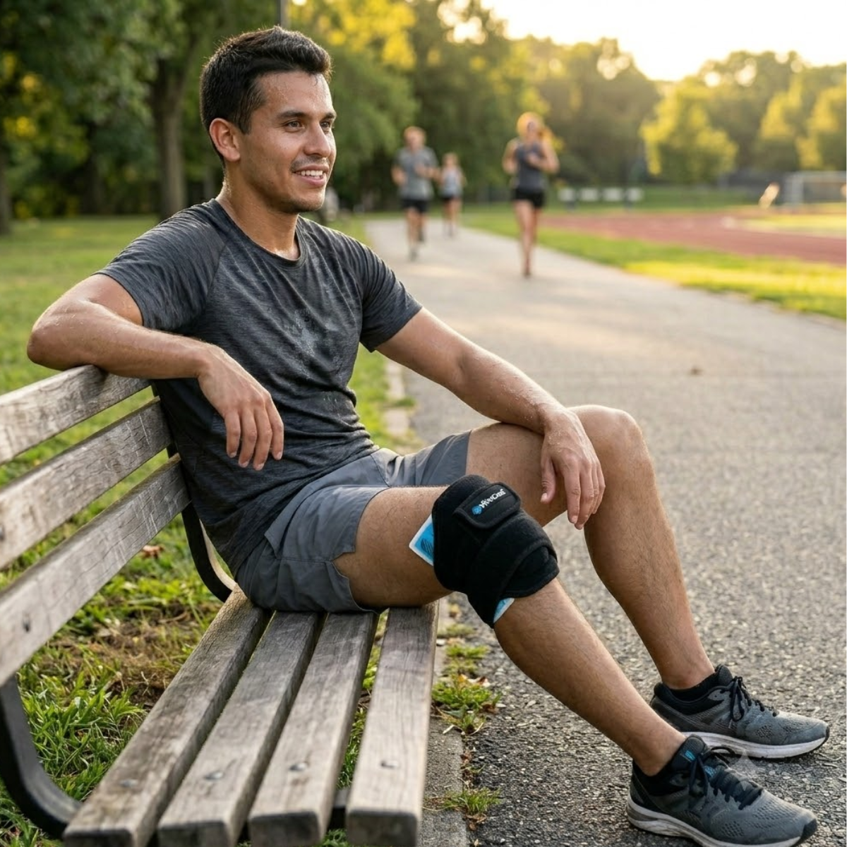 A man sitting on a park bench wearing a VibraCool Extended on his right knee. in an outdoor jogging track setting at sunset.