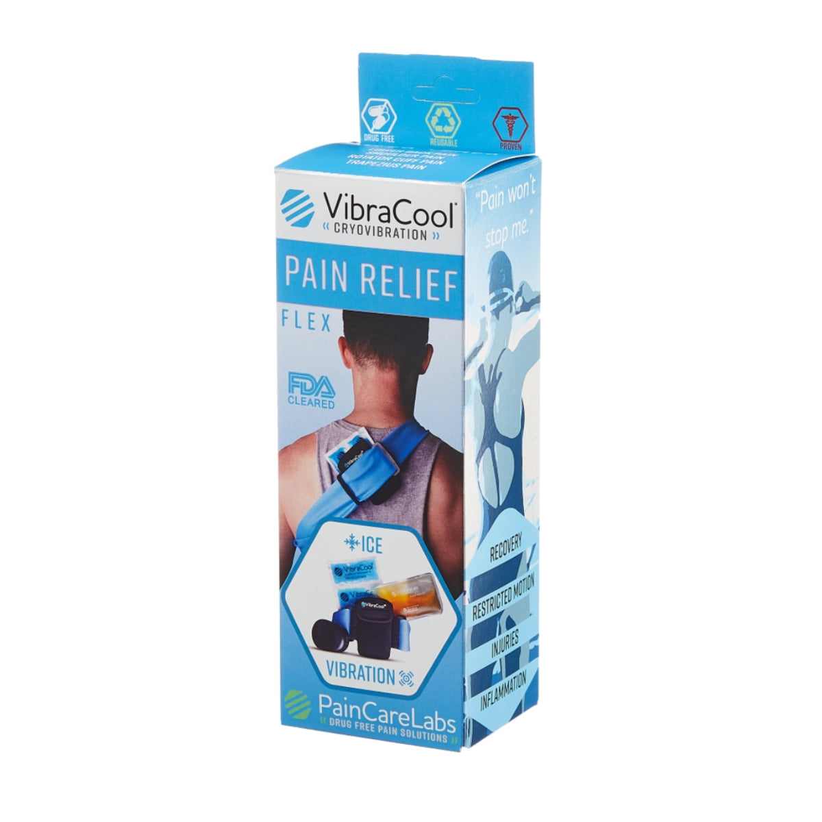 VibraCool Flex Cryovibration Pain Relief box by PainCareLabs, featuring a blue and white design with an illustration of a man wearing the blue cooling device.