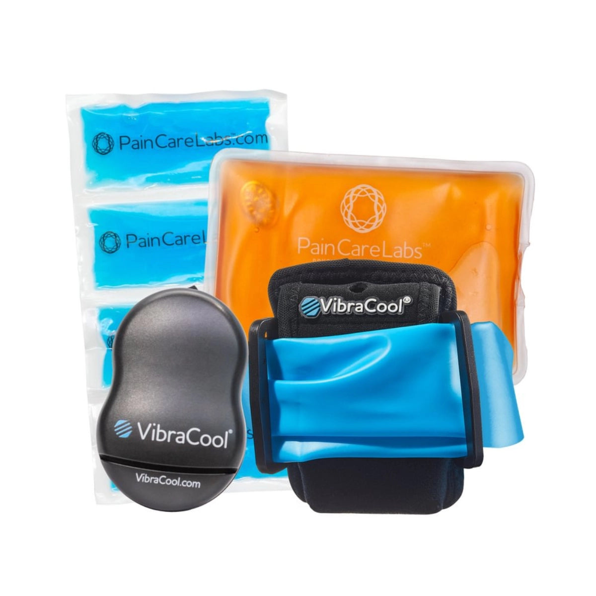 PainCareLabs Flex VibraCool pain relief kit featuring a black handheld device, a blue and black wrist wrap, and two orange gel packs on a white background.